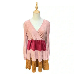 NEW, Flying Tomato, Westwood Color Blocked Long Sleeve Tiered Mini Dress, Pink